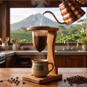 Chorreador de café tradicional costarricense con volcán Arenal de fondo