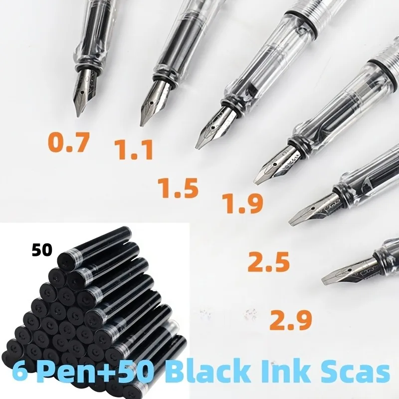 Seis plumas de caligrafía de punta plana con los anchos de punta y 50 cartuchos de tinta negra