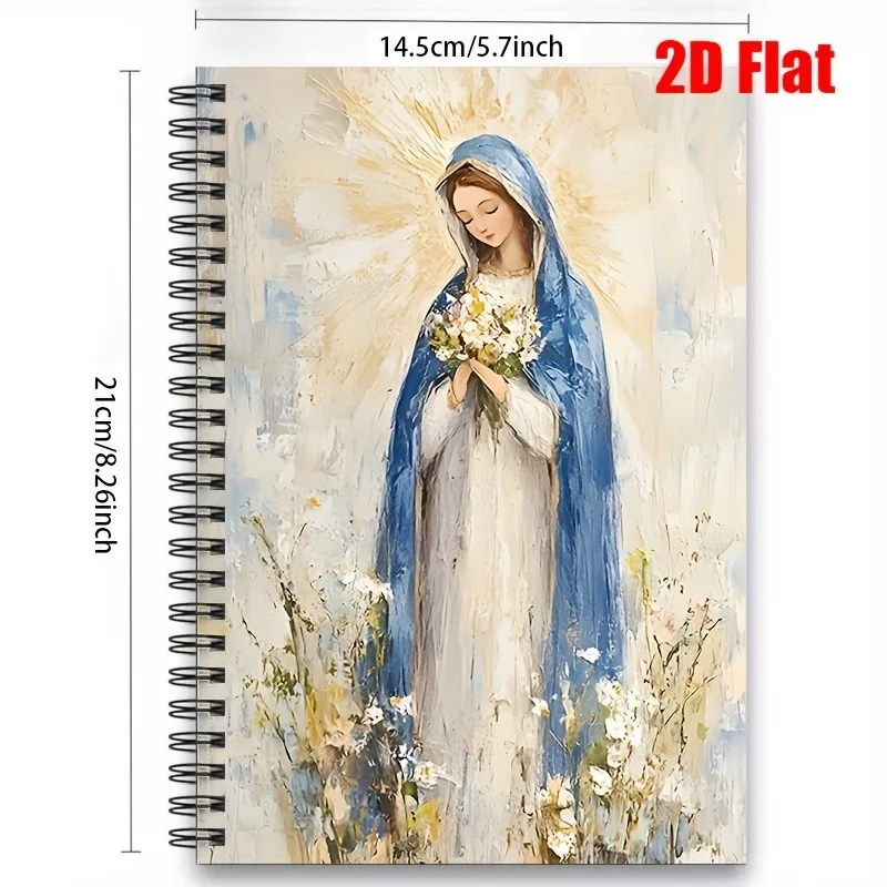 Cuaderno de espiral con pintura de Nuestra Señora con un ramo de flores