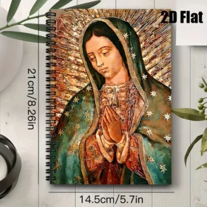 Cuaderno de espiral A5 con la Virgen de Guadalupe en oración y rayos dorados