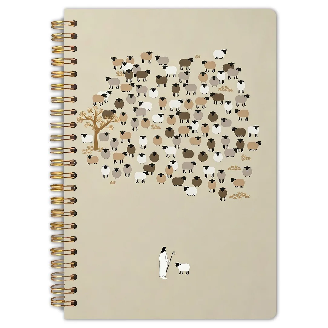Cuaderno de espiral A5 beige con un rebaño de ovejas y un pastor