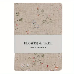 Cuaderno B6 de lona color albaricoque con flores pequeñas y faja de papel