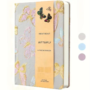 Cuaderno A5 blanco perlado de tapa dura con mariposas bordadas con hilo dorado