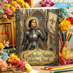 Libro para colorear de santos católicos con una santa con armadura en la portada