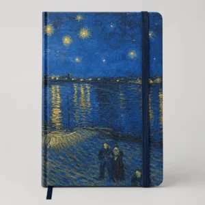 Diario de tapa dura con Noche estrellada sobre el Ródano de Van Gogh y banda elástica azul