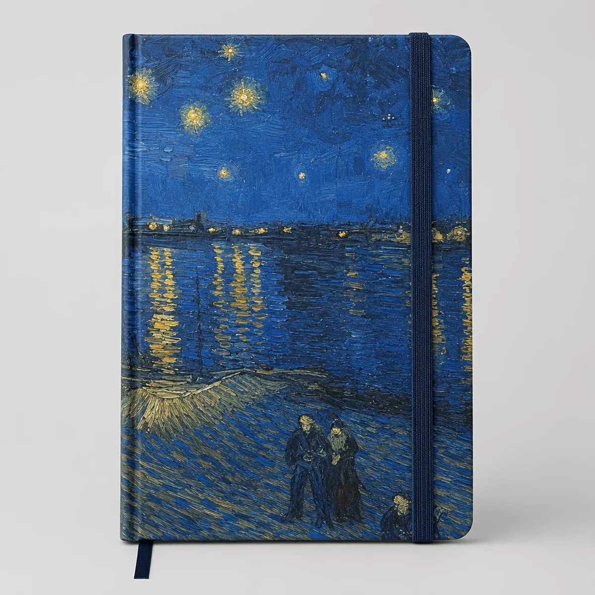 Diario de tapa dura con Noche estrellada sobre el Ródano de Van Gogh y banda elástica azul