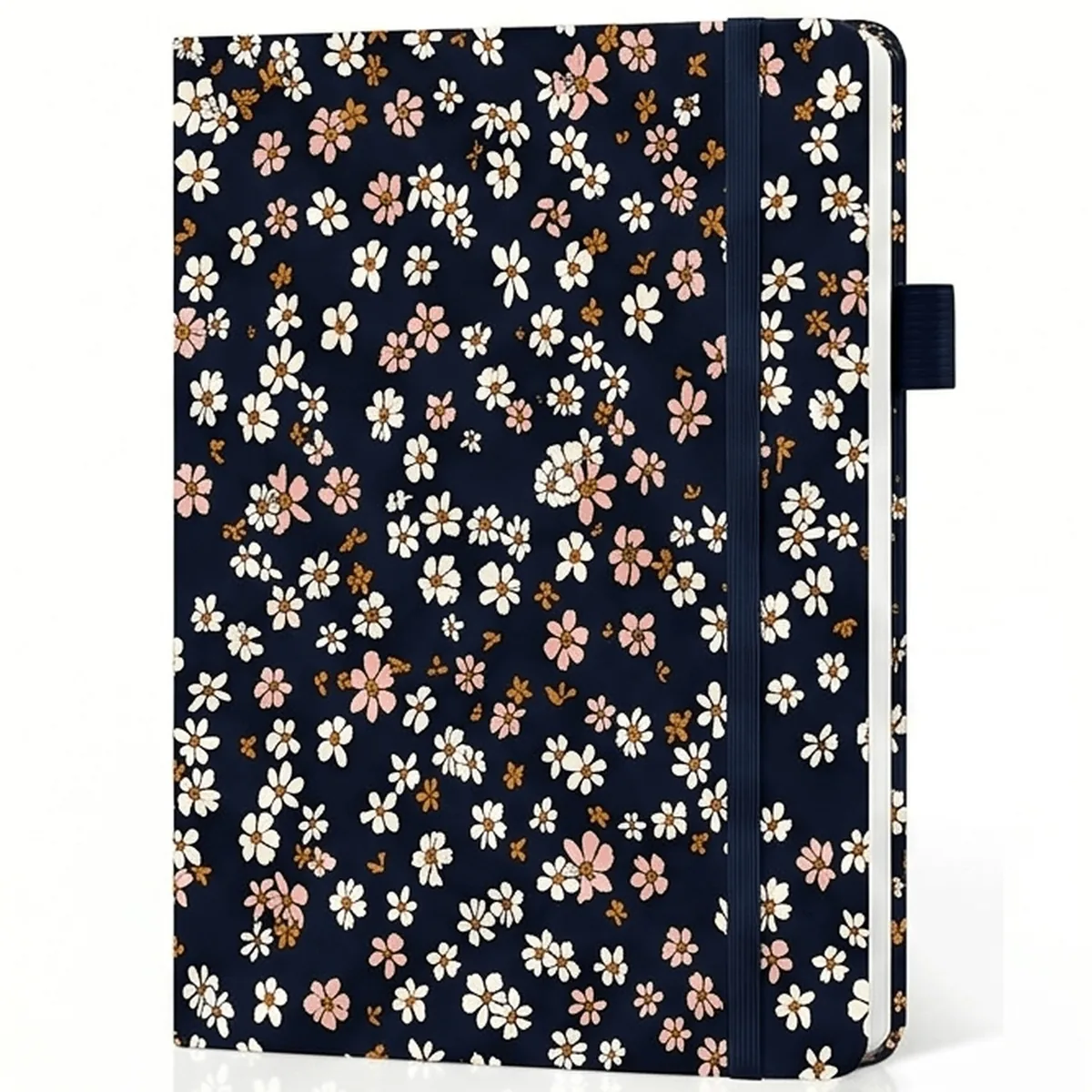 Diario azul marino con flores de cerezo, tapa dura y banda elástica, hojas punteadas