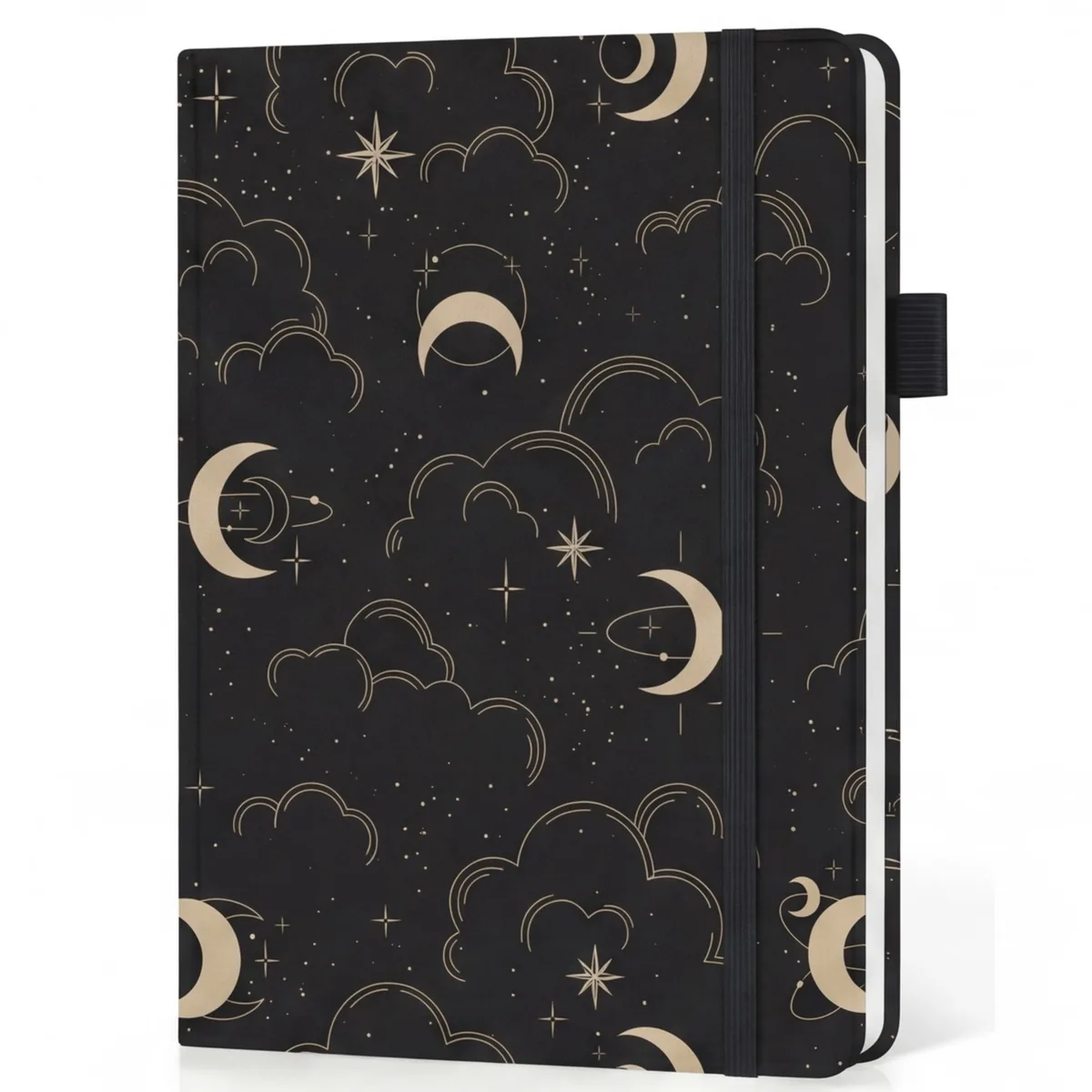 Diario negro con lunas y estrellas doradas, tapa dura y banda elástica, hojas en blanco