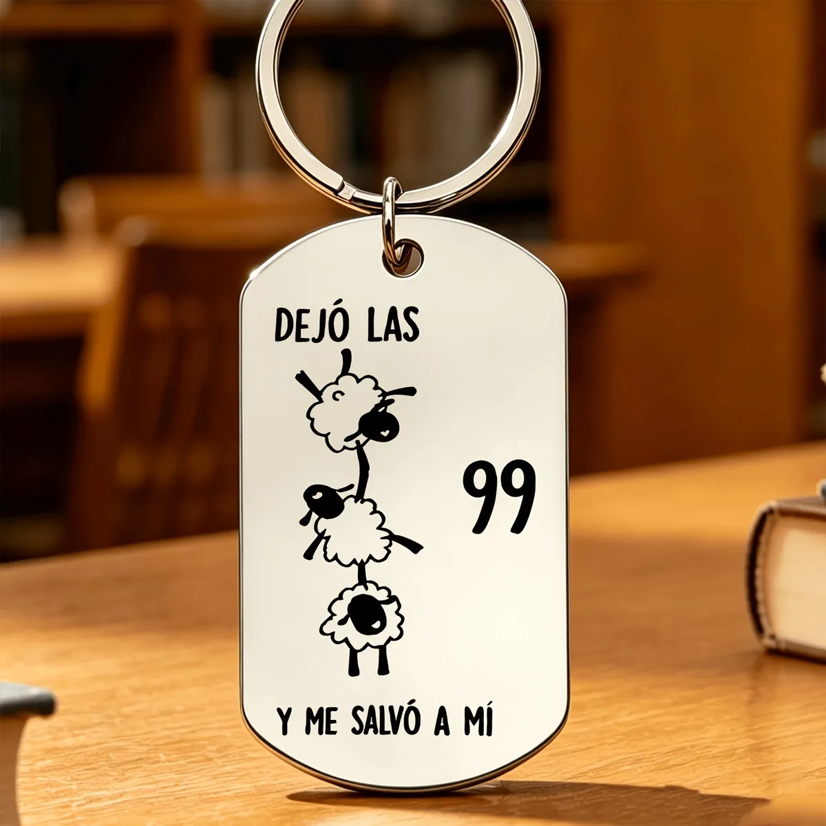 Llavero de acero con ovejas apiladas y la frase Dejó las 99 y me salvó a mí