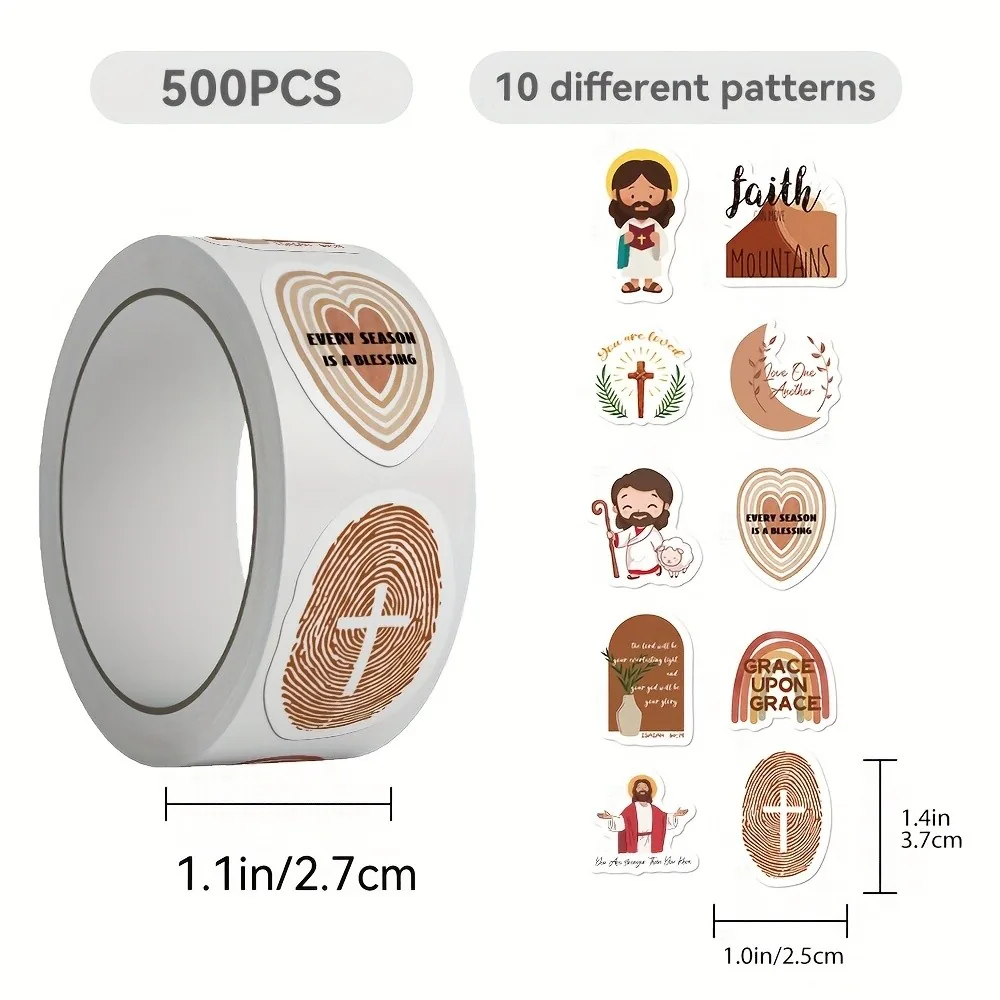 Rollo de 500 pegatinas cristianas con diez diseños de Jesús, cruces y frases de fe