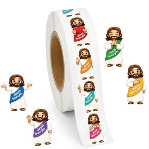 Rollo de 500 pegatinas de Jesús con el mensaje Jesus loves you