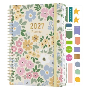 Planificador semanal 2027 A5 con tapa dura floral, espiral y pestañas mensuales