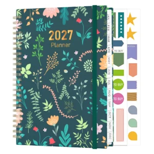 Planificador semanal 2027 A5 verde oscuro con hojas y flores y pestañas mensuales