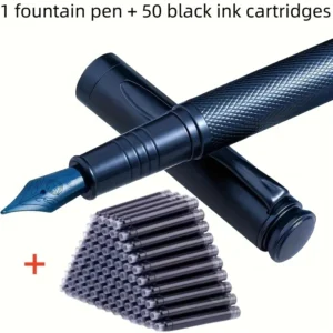 Pluma estilográfica de metal azul oscuro con agarre texturizado y 50 cartuchos de tinta negra