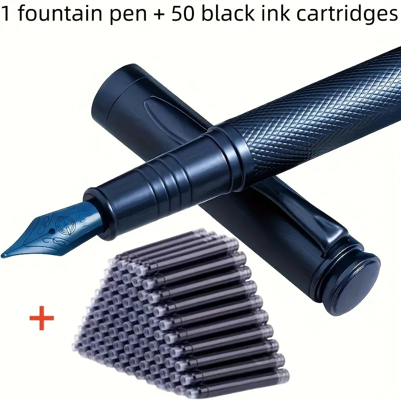 Pluma estilográfica de metal azul oscuro con agarre texturizado y 50 cartuchos de tinta negra
