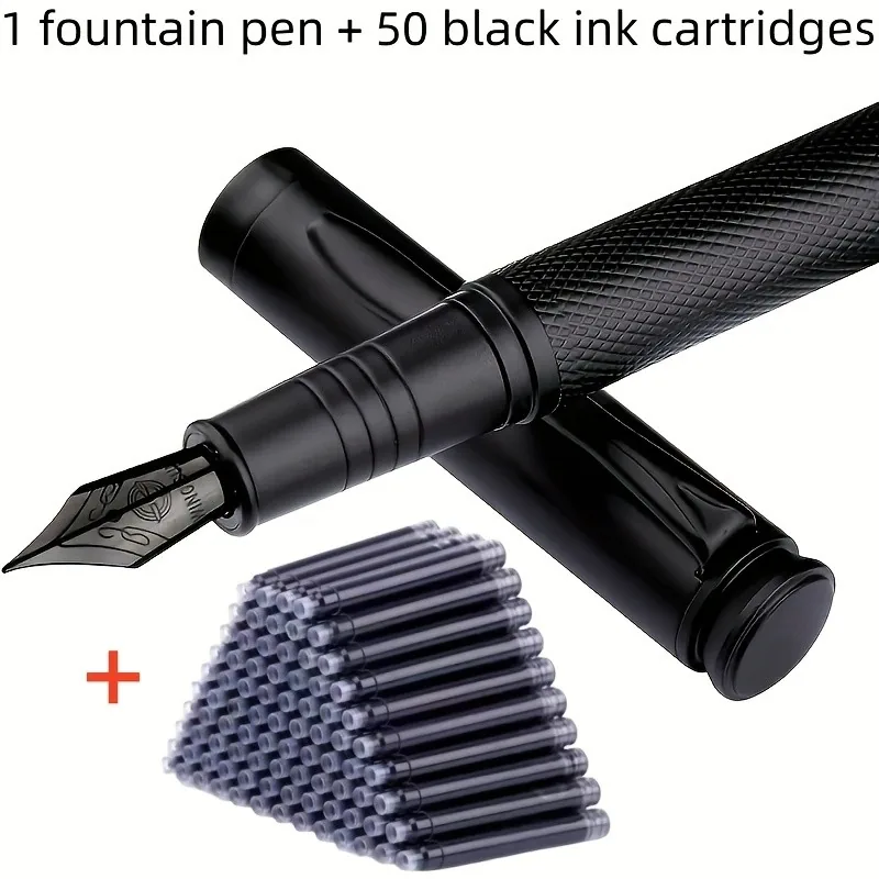 Pluma estilográfica de metal negra con agarre texturizado y 50 cartuchos de tinta negra
