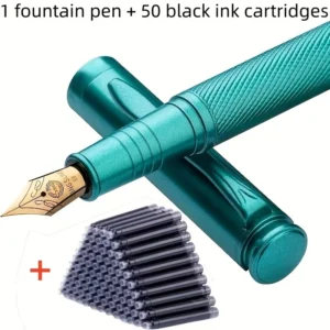 Pluma estilográfica de metal verde con agarre texturizado y 50 cartuchos de tinta negra
