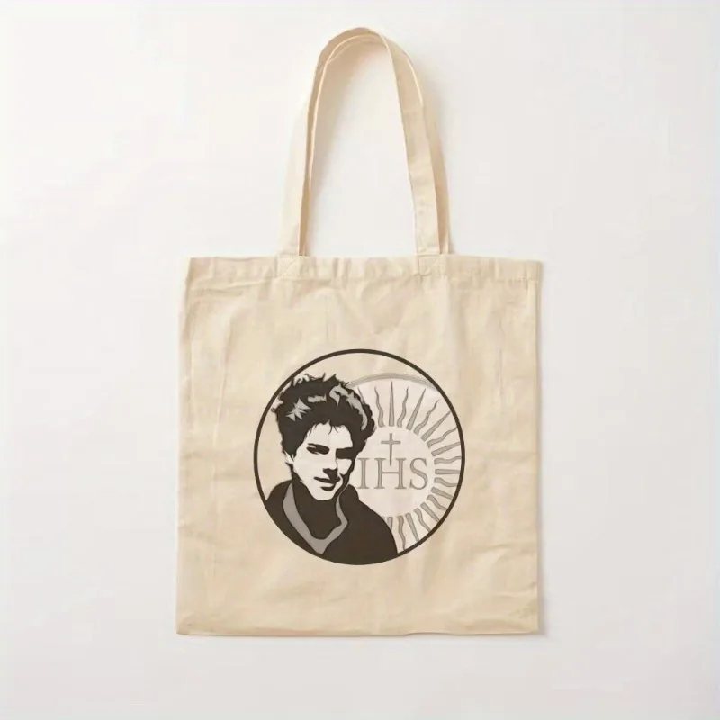 Bolsa tote beige con el retrato de San Carlo Acutis y el símbolo IHS