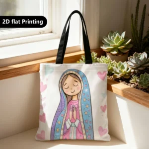 Bolsa de mano crema con la Virgen María en estilo tierno y corazones rosados