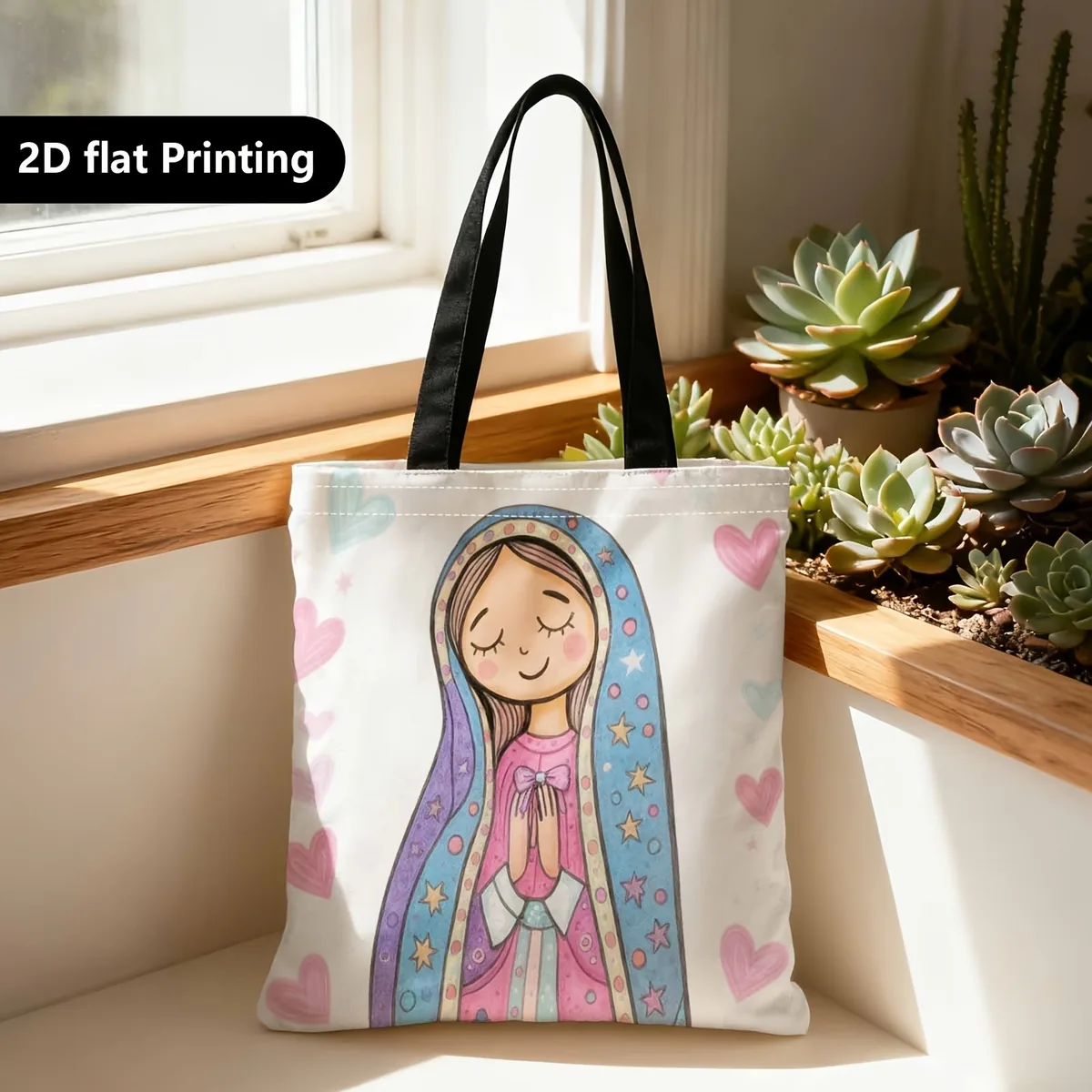 Bolsa de mano crema con la Virgen María en estilo tierno y corazones rosados
