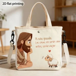 Bolso tote beige con Jesús, una oveja y el mensaje Mi niña querida, las cosas serán mejor